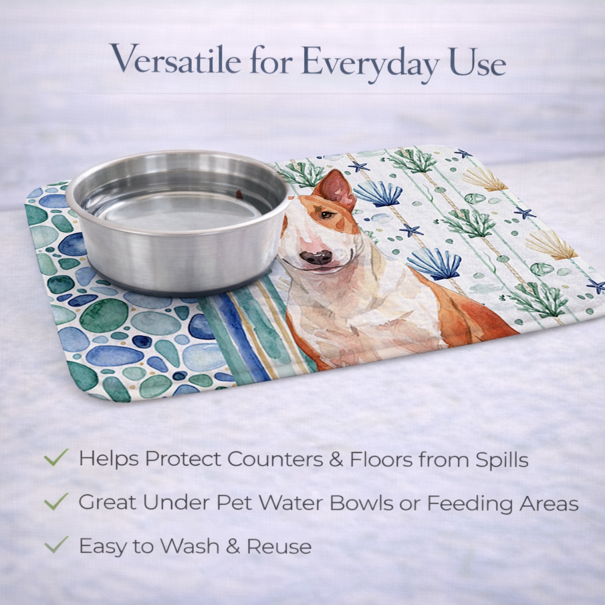Picture of Carolines Treasures WDK6951DDM 21 x 14 in. Red & White Bull Terrier Coastal Sea Glass Dish Drying Mat