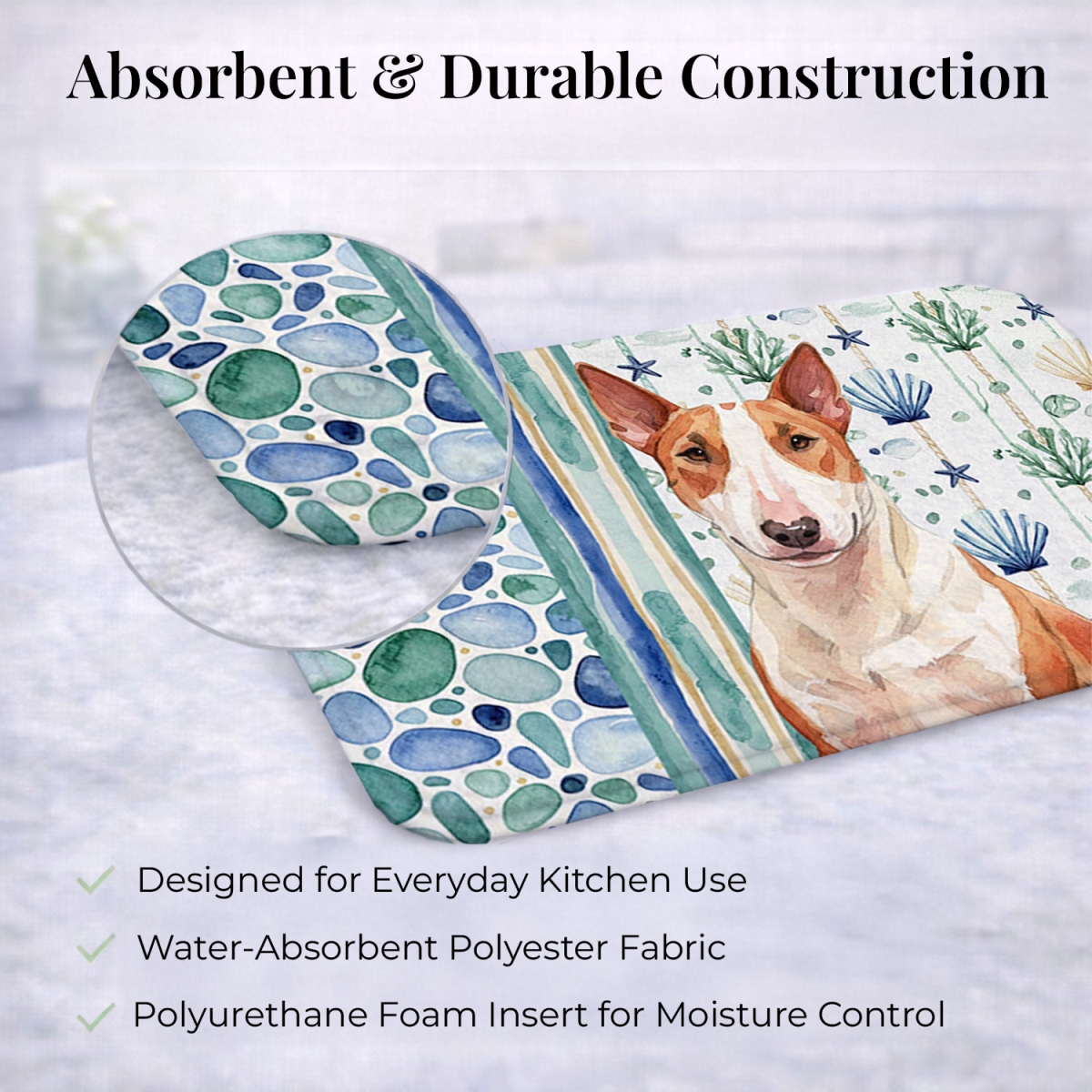 Picture of Carolines Treasures WDK6951DDM 21 x 14 in. Red & White Bull Terrier Coastal Sea Glass Dish Drying Mat