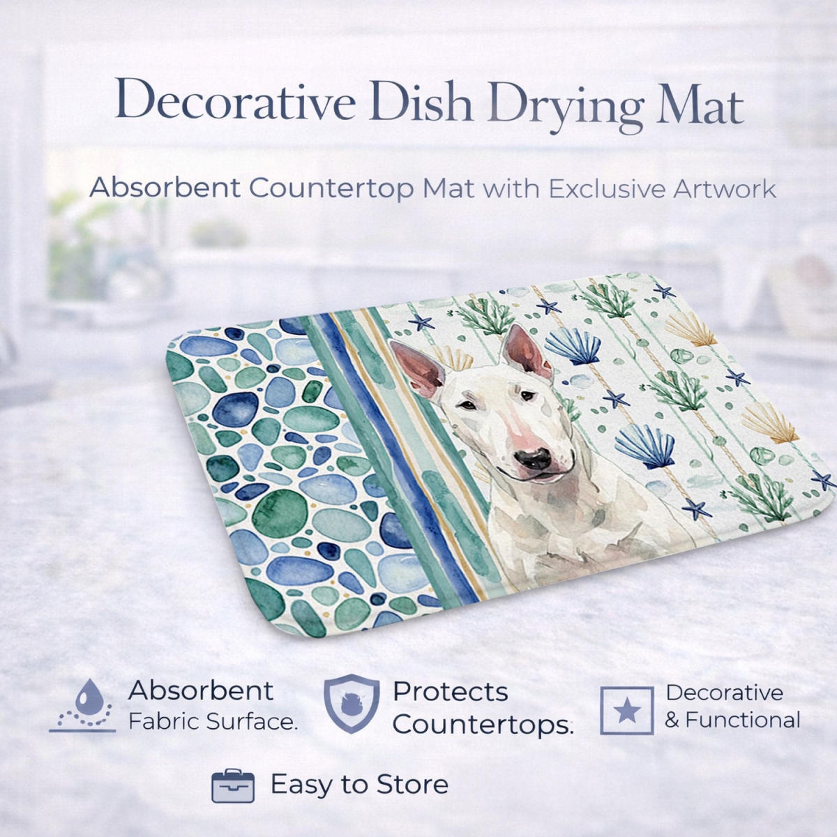 Picture of Carolines Treasures WDK6952DDM 21 x 14 in. White Bull Terrier Coastal Sea Glass Dish Drying Mat