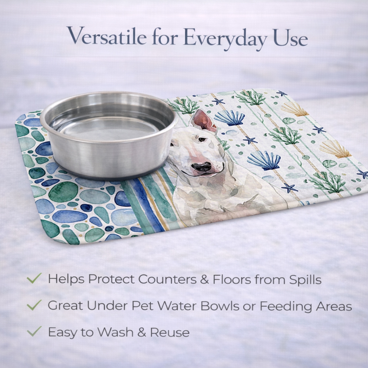 Picture of Carolines Treasures WDK6952DDM 21 x 14 in. White Bull Terrier Coastal Sea Glass Dish Drying Mat