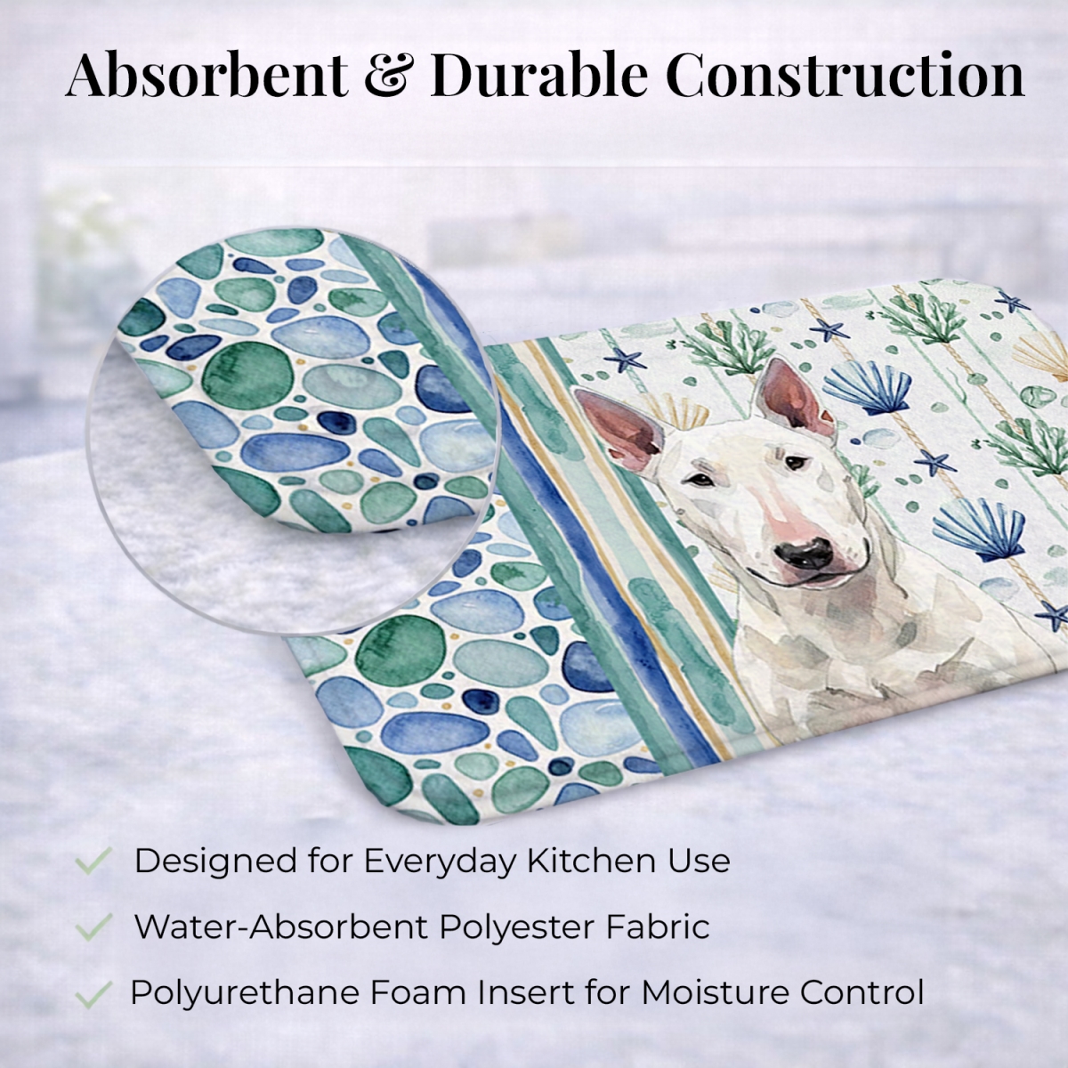 Picture of Carolines Treasures WDK6952DDM 21 x 14 in. White Bull Terrier Coastal Sea Glass Dish Drying Mat