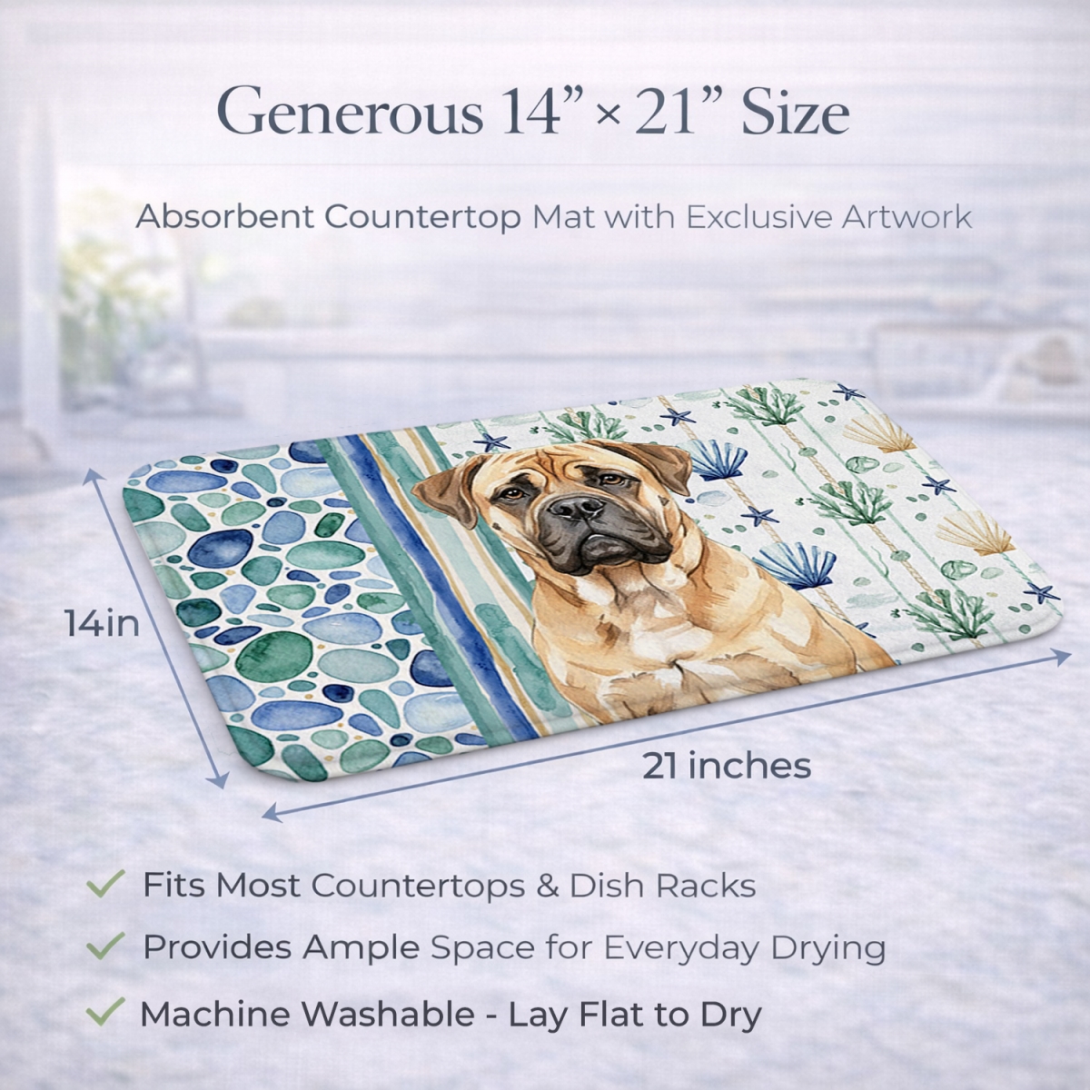 Picture of Carolines Treasures WDK6953DDM 21 x 14 in. Bullmastiff Coastal Sea Glass Dish Drying Mat