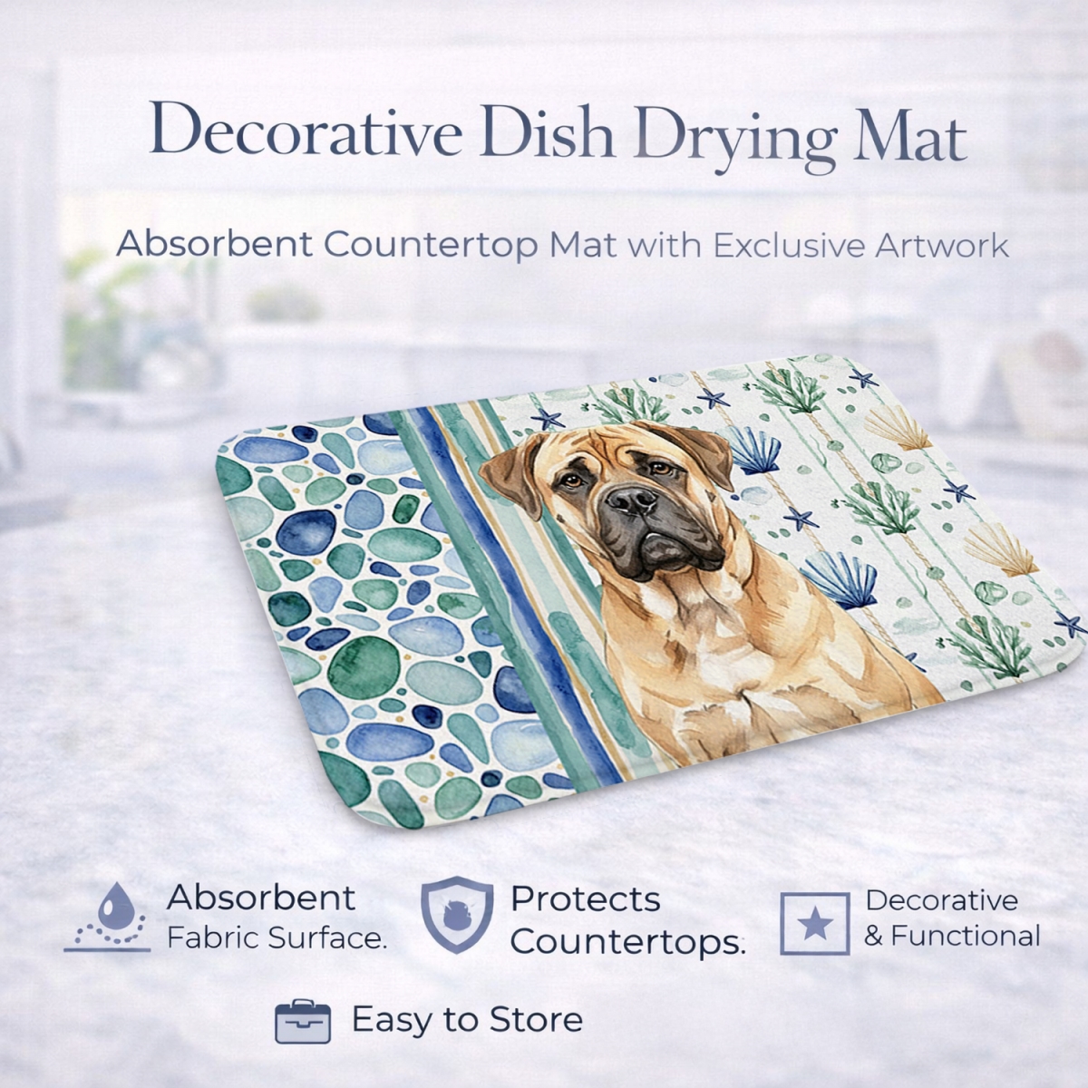 Picture of Carolines Treasures WDK6953DDM 21 x 14 in. Bullmastiff Coastal Sea Glass Dish Drying Mat
