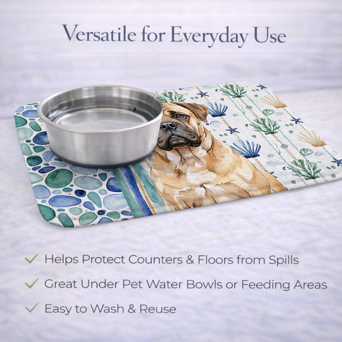 Picture of Carolines Treasures WDK6953DDM 21 x 14 in. Bullmastiff Coastal Sea Glass Dish Drying Mat