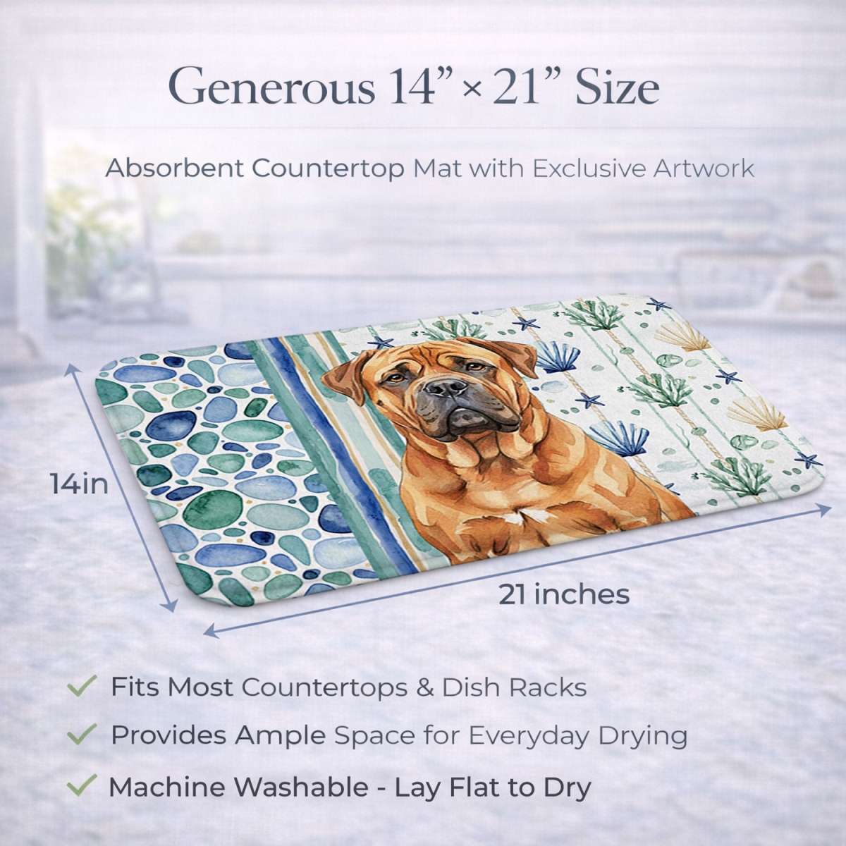 Picture of Carolines Treasures WDK6954DDM 21 x 14 in. Red Bullmastiff Coastal Sea Glass Dish Drying Mat