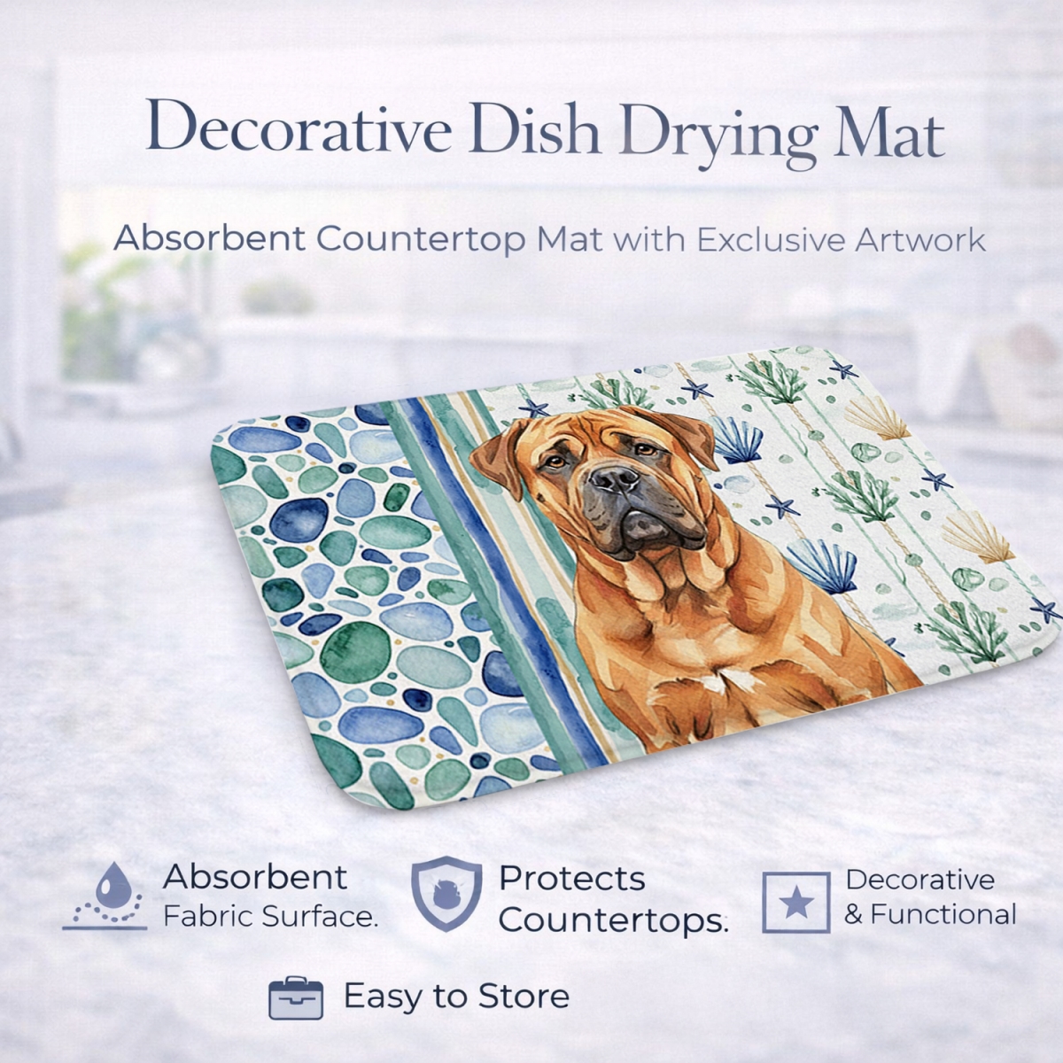 Picture of Carolines Treasures WDK6954DDM 21 x 14 in. Red Bullmastiff Coastal Sea Glass Dish Drying Mat