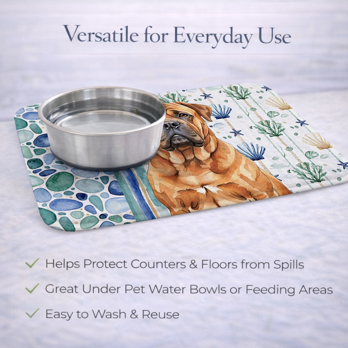 Picture of Carolines Treasures WDK6954DDM 21 x 14 in. Red Bullmastiff Coastal Sea Glass Dish Drying Mat