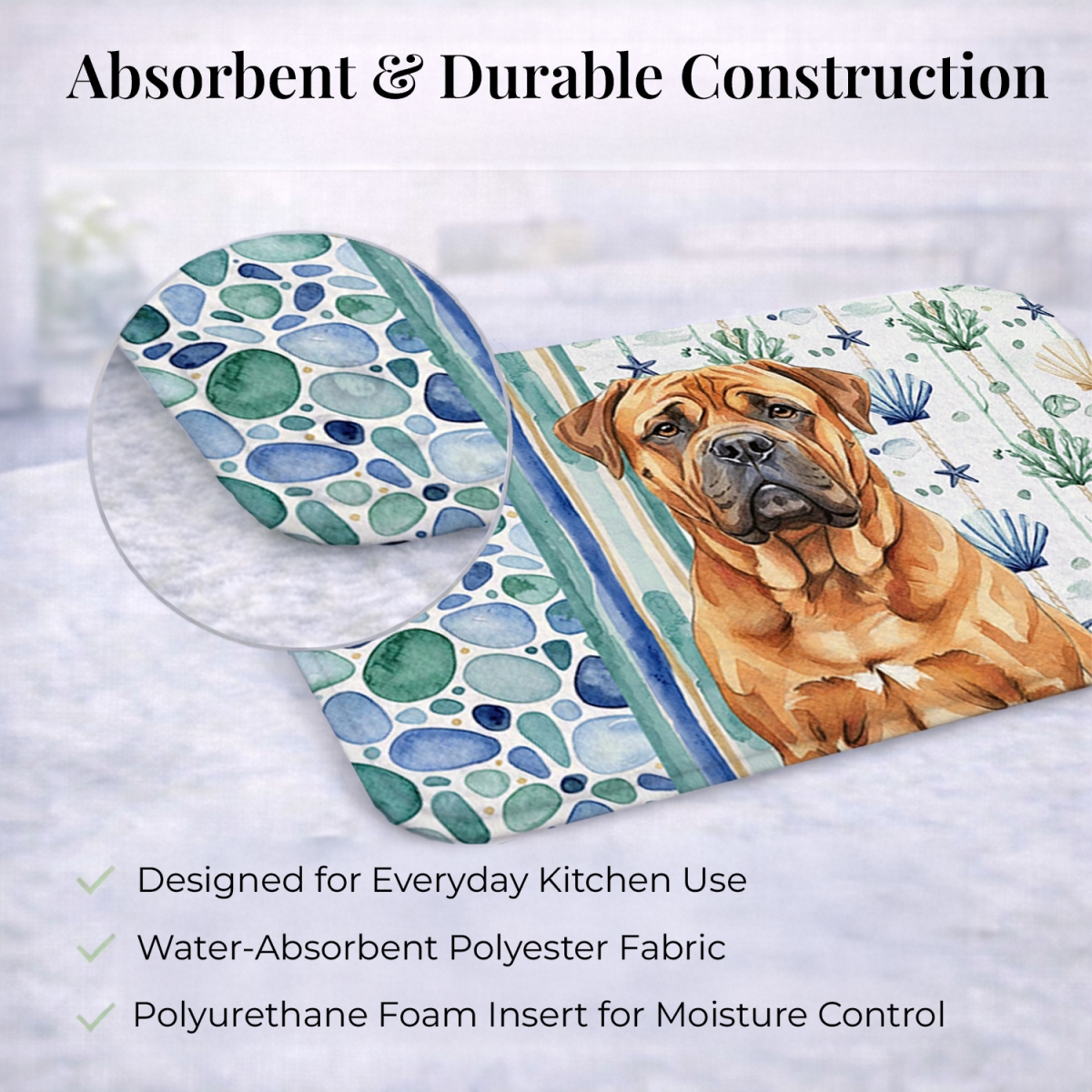 Picture of Carolines Treasures WDK6954DDM 21 x 14 in. Red Bullmastiff Coastal Sea Glass Dish Drying Mat
