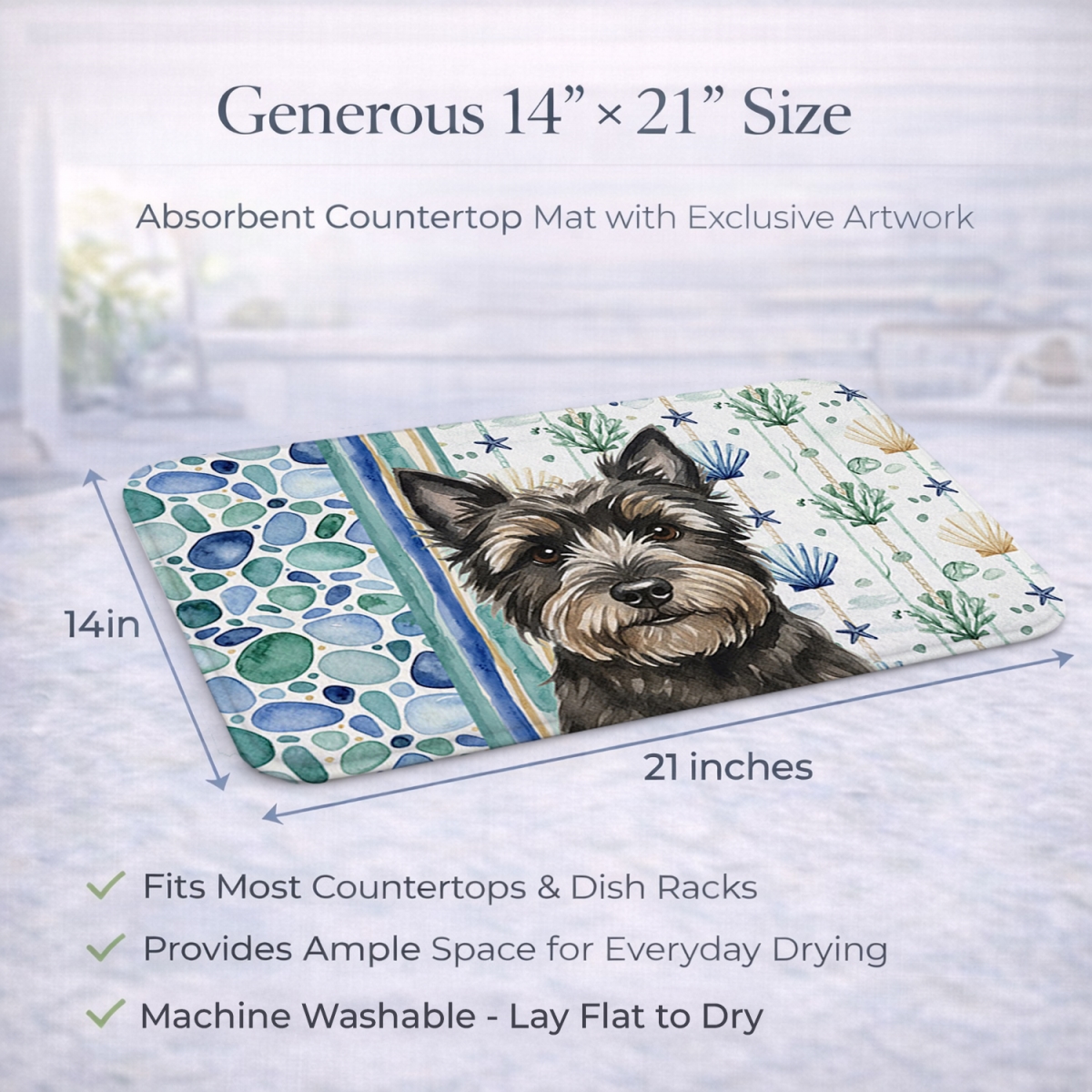 Picture of Carolines Treasures WDK6955DDM 21 x 14 in. Black Cairn Terrier Coastal Sea Glass Dish Drying Mat