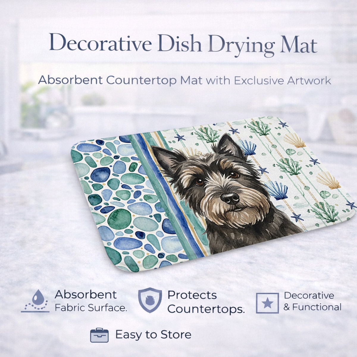 Picture of Carolines Treasures WDK6955DDM 21 x 14 in. Black Cairn Terrier Coastal Sea Glass Dish Drying Mat