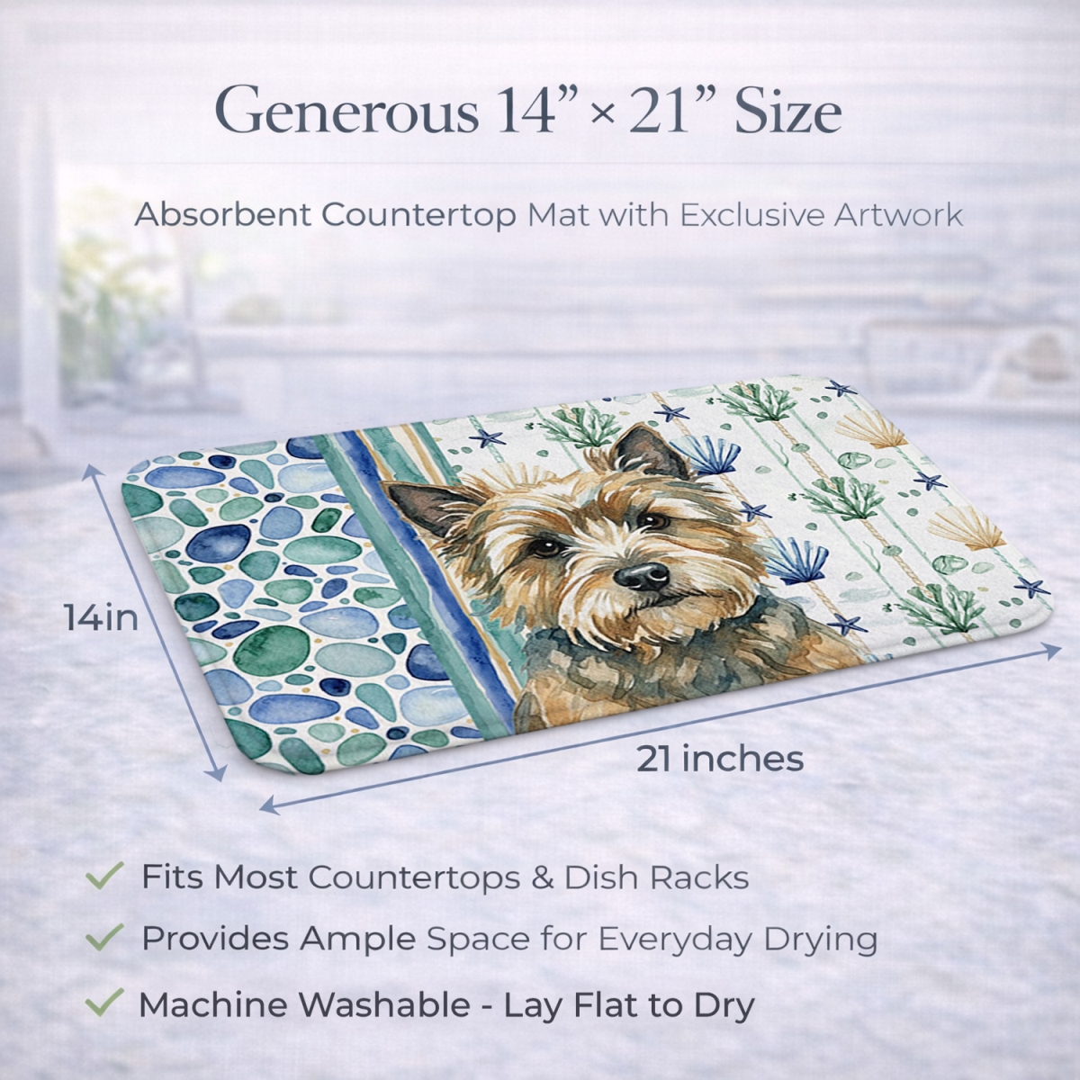 Picture of Carolines Treasures WDK6956DDM 21 x 14 in. Cairn Terrier Coastal Sea Glass Dish Drying Mat