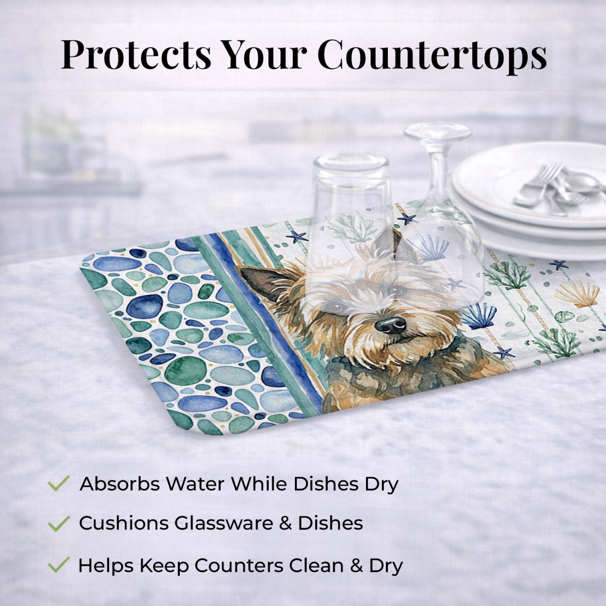 Picture of Carolines Treasures WDK6956DDM 21 x 14 in. Cairn Terrier Coastal Sea Glass Dish Drying Mat