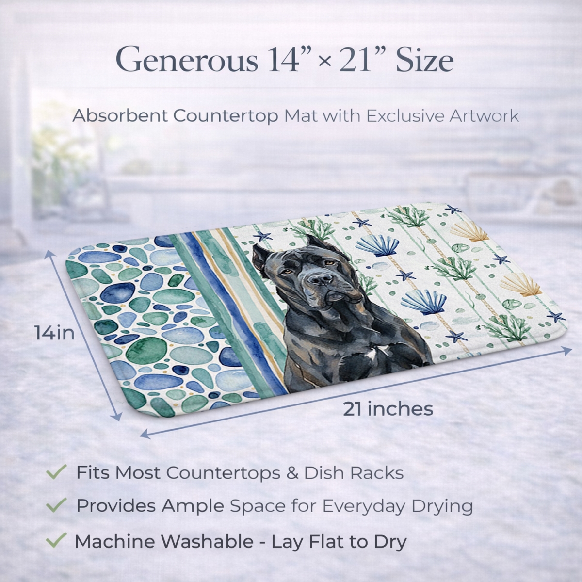 Picture of Carolines Treasures WDK6957DDM 21 x 14 in. Cane Corso Coastal Sea Glass Dish Drying Mat
