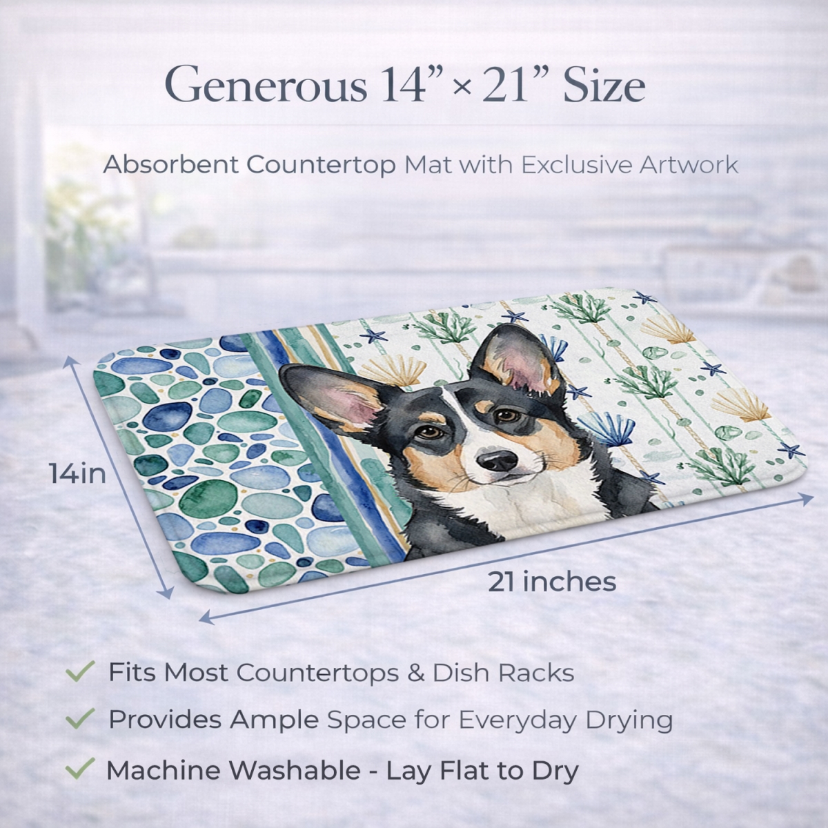 Picture of Carolines Treasures WDK6958DDM 21 x 14 in. Black & White Cardigan Welsh Corgi Coastal Sea Glass Dish Drying Mat