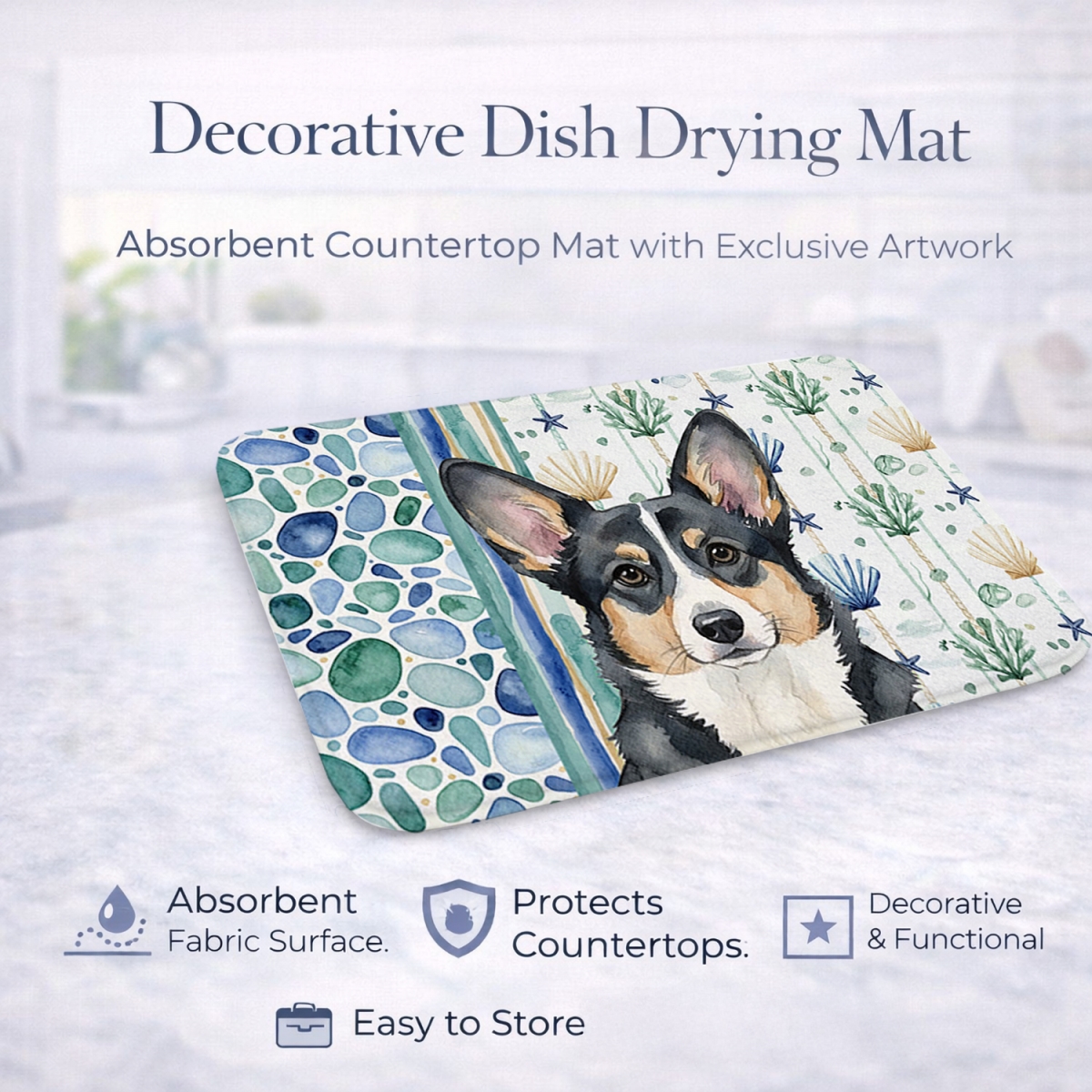 Picture of Carolines Treasures WDK6958DDM 21 x 14 in. Black & White Cardigan Welsh Corgi Coastal Sea Glass Dish Drying Mat