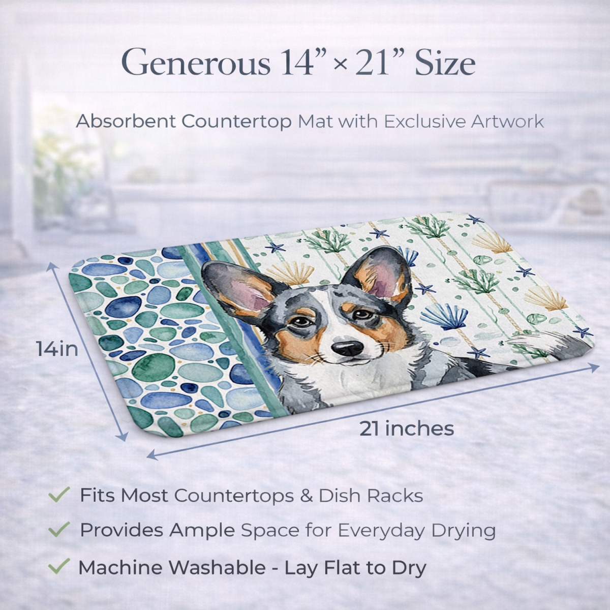Picture of Carolines Treasures WDK6959DDM 21 x 14 in. Blue Merle Cardigan Welsh Corgi Coastal Sea Glass Dish Drying Mat