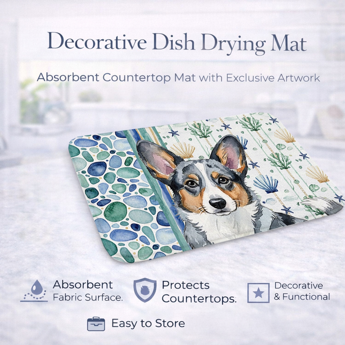 Picture of Carolines Treasures WDK6959DDM 21 x 14 in. Blue Merle Cardigan Welsh Corgi Coastal Sea Glass Dish Drying Mat