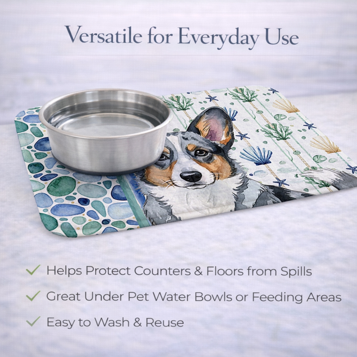 Picture of Carolines Treasures WDK6959DDM 21 x 14 in. Blue Merle Cardigan Welsh Corgi Coastal Sea Glass Dish Drying Mat