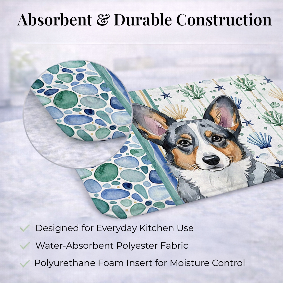 Picture of Carolines Treasures WDK6959DDM 21 x 14 in. Blue Merle Cardigan Welsh Corgi Coastal Sea Glass Dish Drying Mat