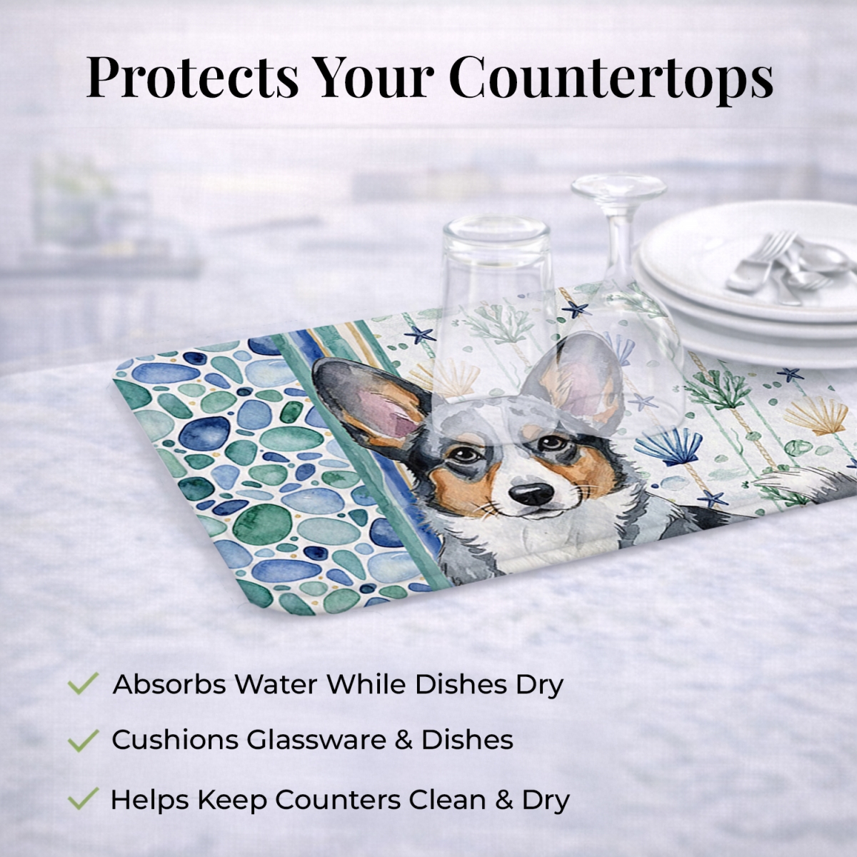 Picture of Carolines Treasures WDK6959DDM 21 x 14 in. Blue Merle Cardigan Welsh Corgi Coastal Sea Glass Dish Drying Mat