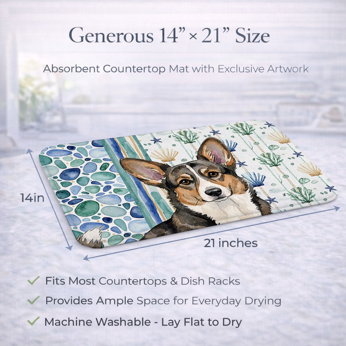 Picture of Carolines Treasures WDK6960DDM 21 x 14 in. Brindle Cardigan Welsh Corgi Coastal Sea Glass Dish Drying Mat