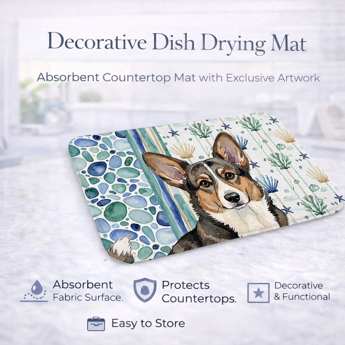 Picture of Carolines Treasures WDK6960DDM 21 x 14 in. Brindle Cardigan Welsh Corgi Coastal Sea Glass Dish Drying Mat