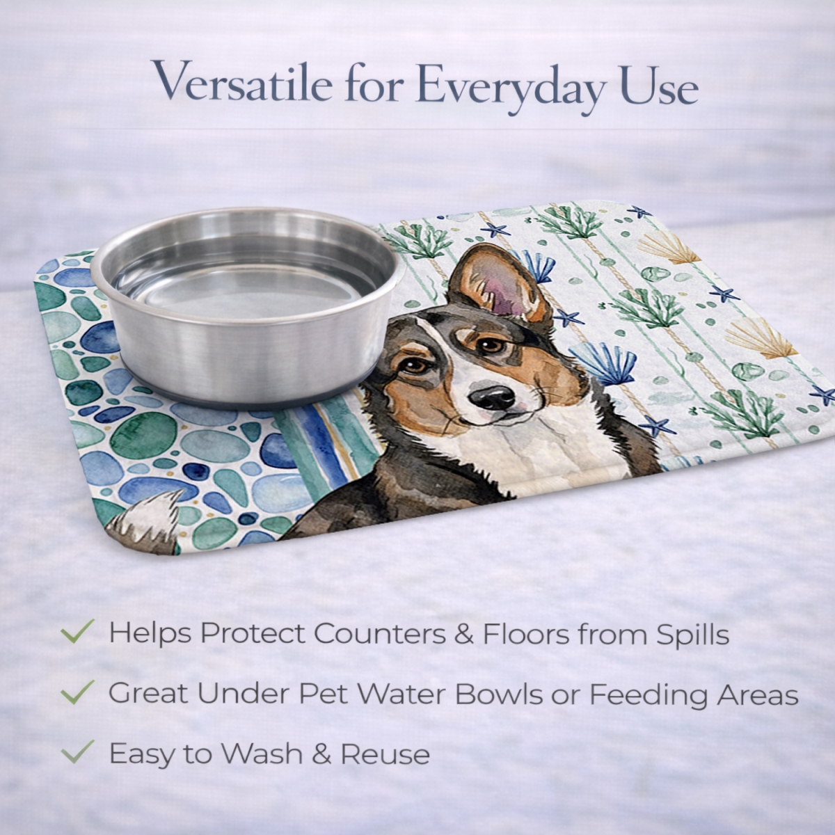 Picture of Carolines Treasures WDK6960DDM 21 x 14 in. Brindle Cardigan Welsh Corgi Coastal Sea Glass Dish Drying Mat