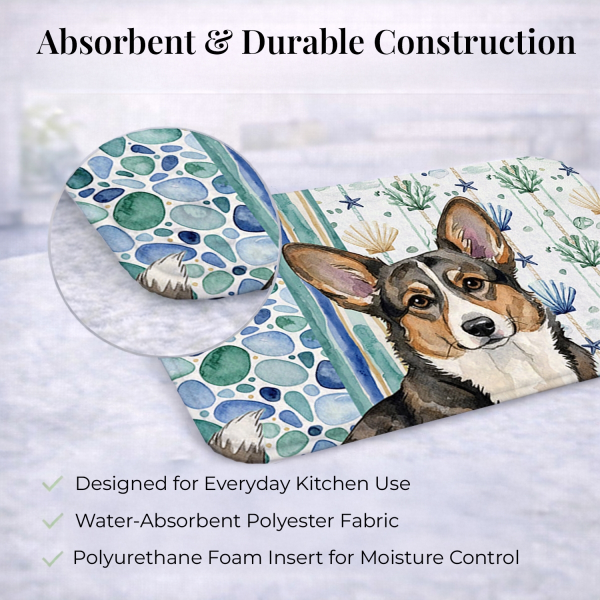 Picture of Carolines Treasures WDK6960DDM 21 x 14 in. Brindle Cardigan Welsh Corgi Coastal Sea Glass Dish Drying Mat