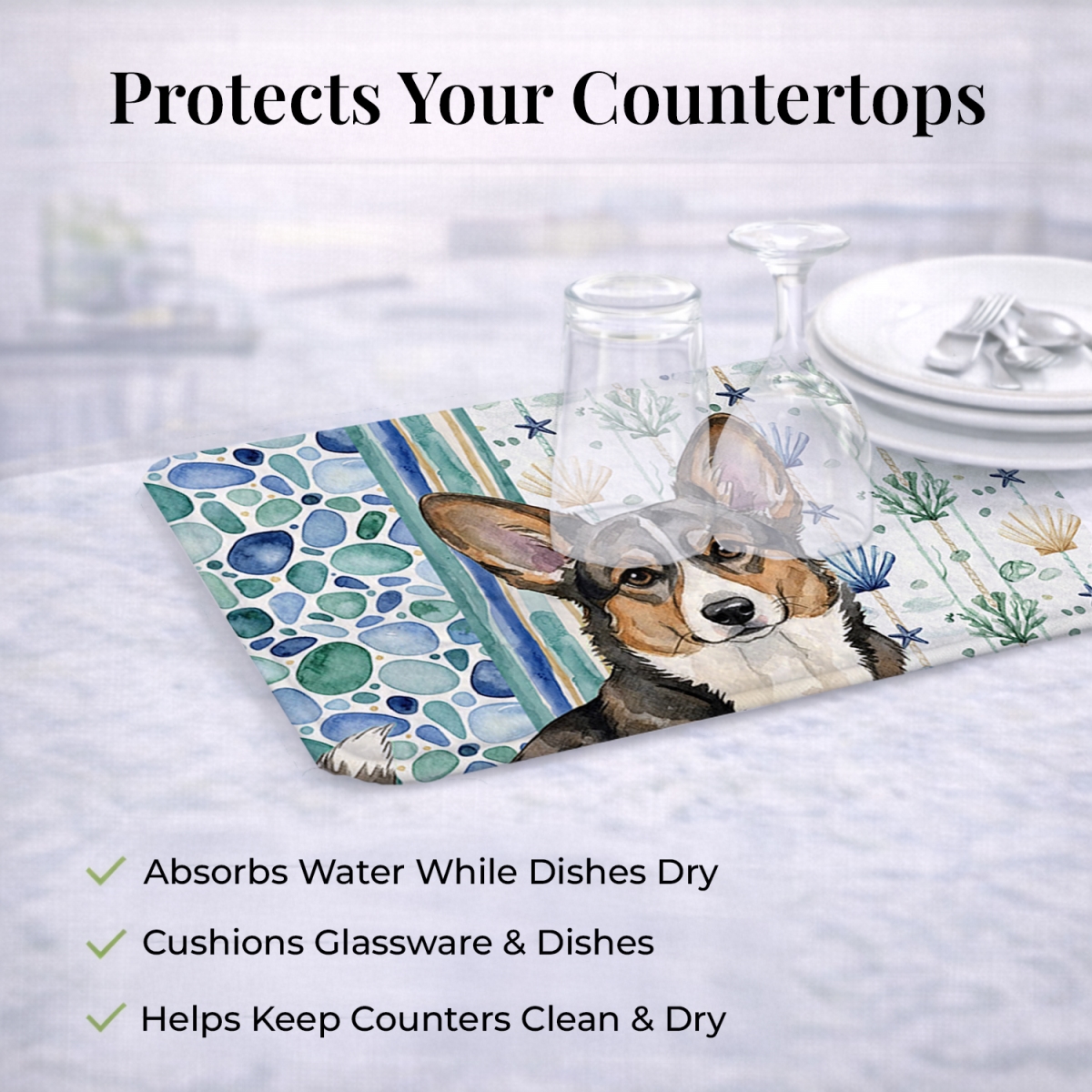 Picture of Carolines Treasures WDK6960DDM 21 x 14 in. Brindle Cardigan Welsh Corgi Coastal Sea Glass Dish Drying Mat