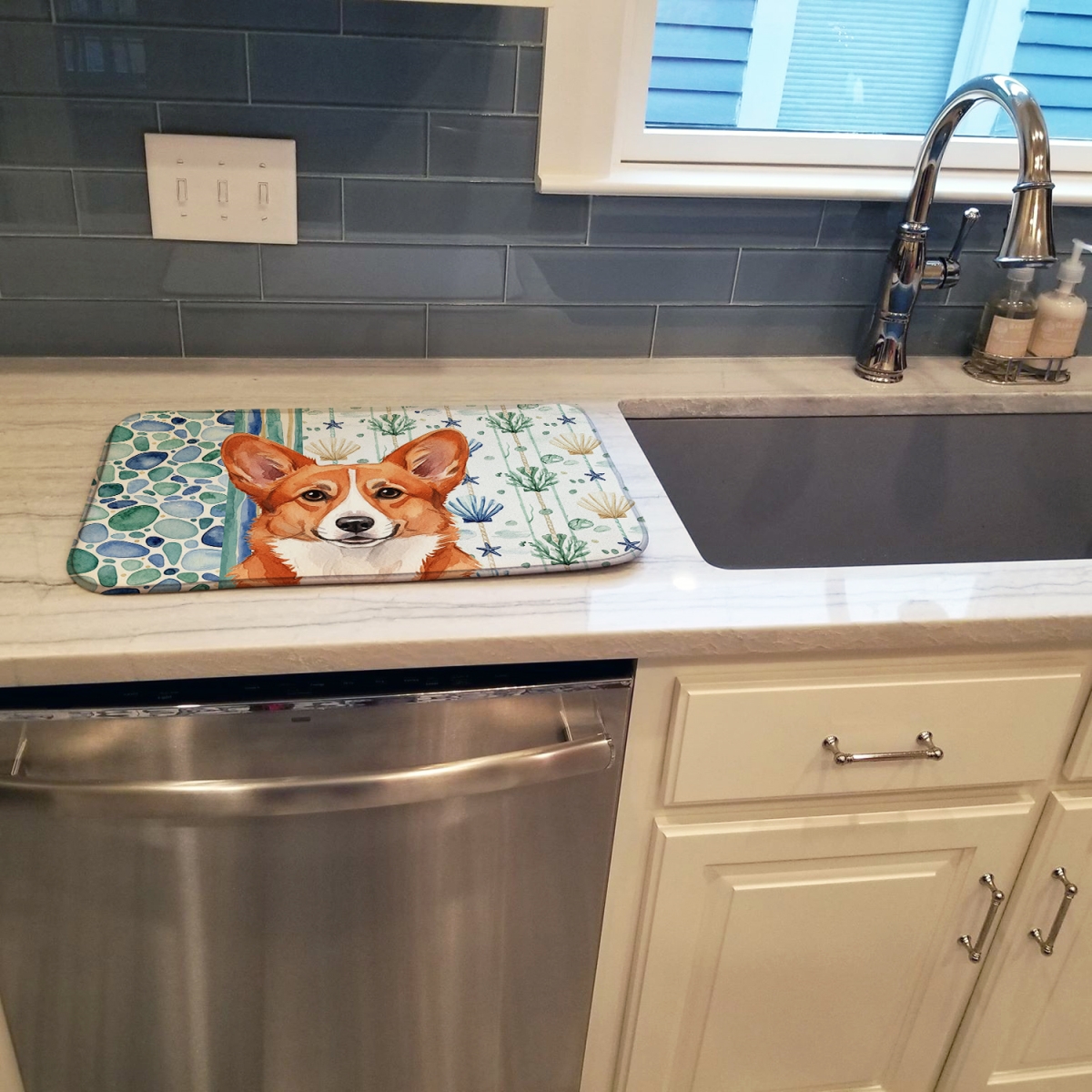 Picture of Carolines Treasures WDK6961DDM 21 x 14 in. Red Cardigan Welsh Corgi Coastal Sea Glass Dish Drying Mat