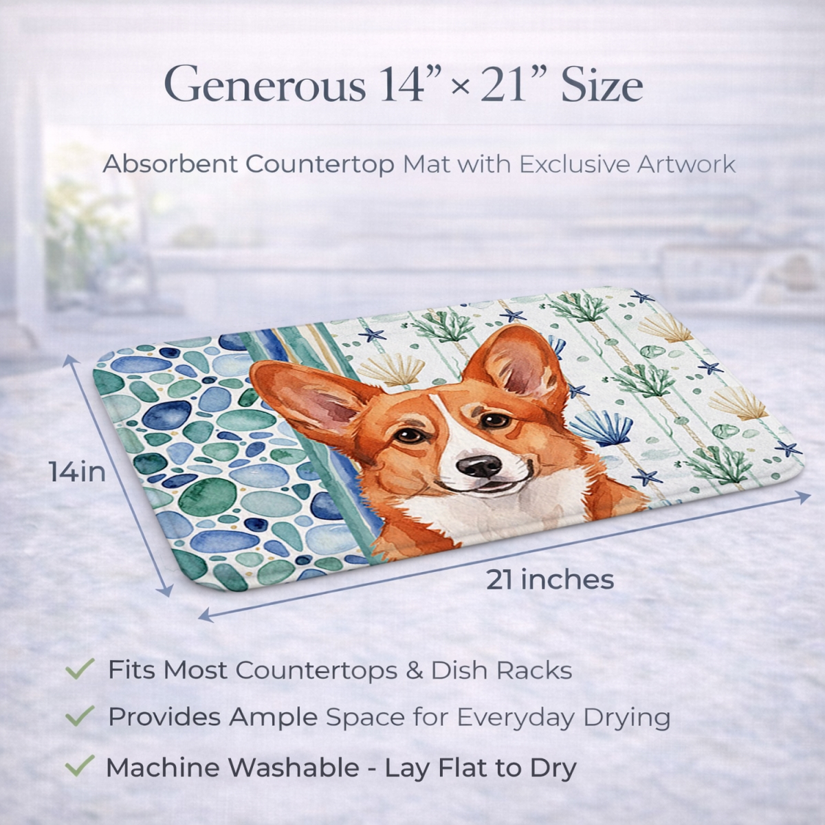 Picture of Carolines Treasures WDK6961DDM 21 x 14 in. Red Cardigan Welsh Corgi Coastal Sea Glass Dish Drying Mat