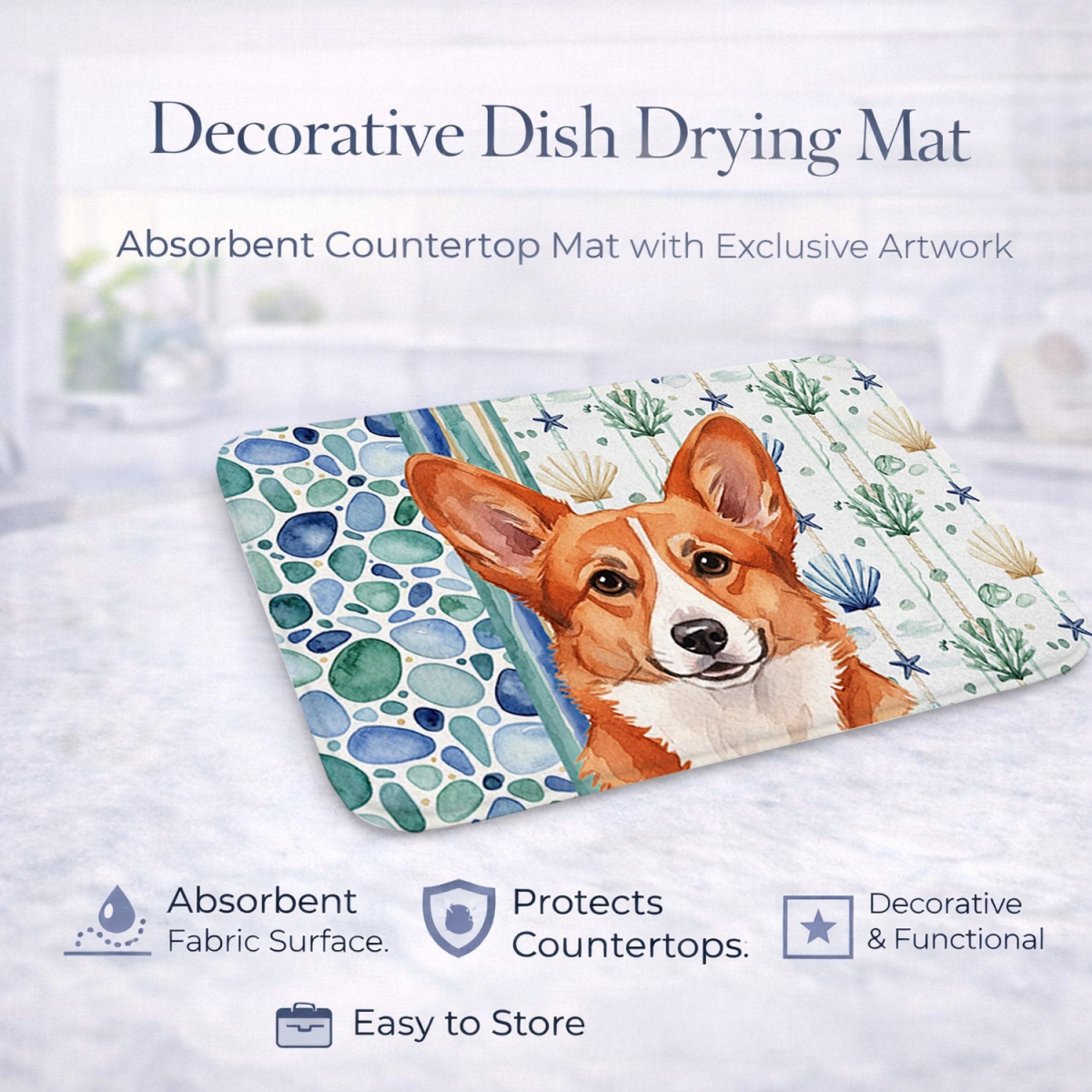 Picture of Carolines Treasures WDK6961DDM 21 x 14 in. Red Cardigan Welsh Corgi Coastal Sea Glass Dish Drying Mat