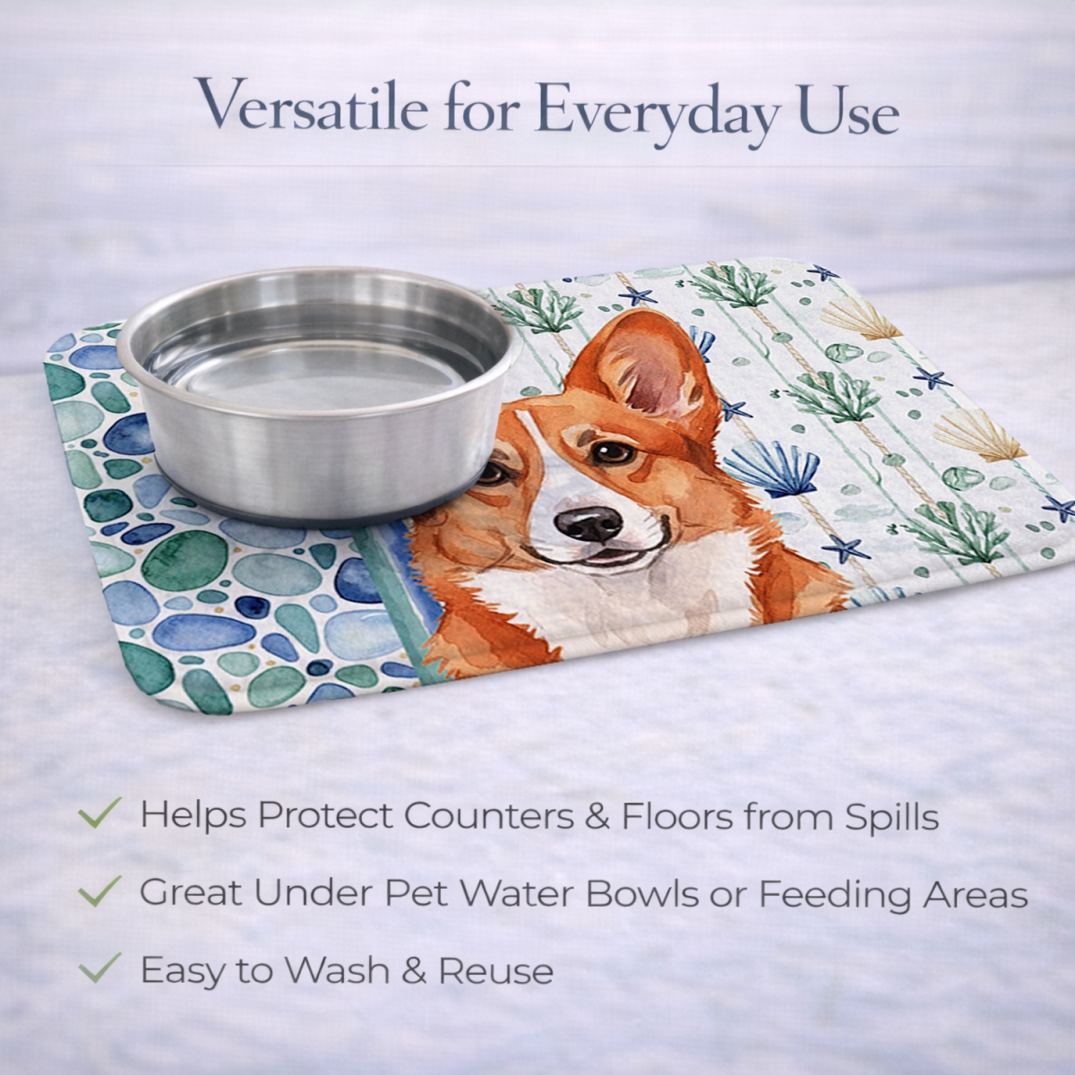 Picture of Carolines Treasures WDK6961DDM 21 x 14 in. Red Cardigan Welsh Corgi Coastal Sea Glass Dish Drying Mat