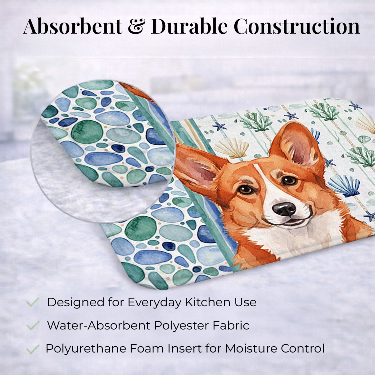 Picture of Carolines Treasures WDK6961DDM 21 x 14 in. Red Cardigan Welsh Corgi Coastal Sea Glass Dish Drying Mat