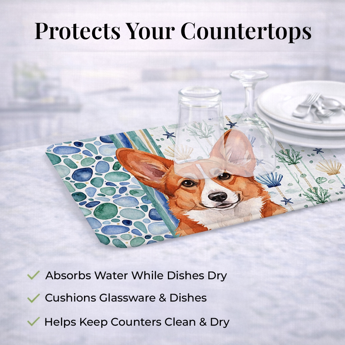 Picture of Carolines Treasures WDK6961DDM 21 x 14 in. Red Cardigan Welsh Corgi Coastal Sea Glass Dish Drying Mat