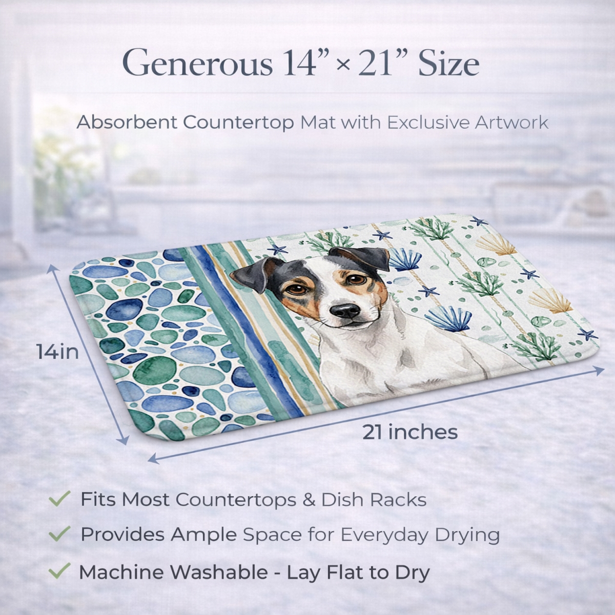 Picture of Carolines Treasures WDK7082DDM 21 x 14 in. White & Black Jack Russell Terrier Coastal Sea Glass Dish Drying Mat