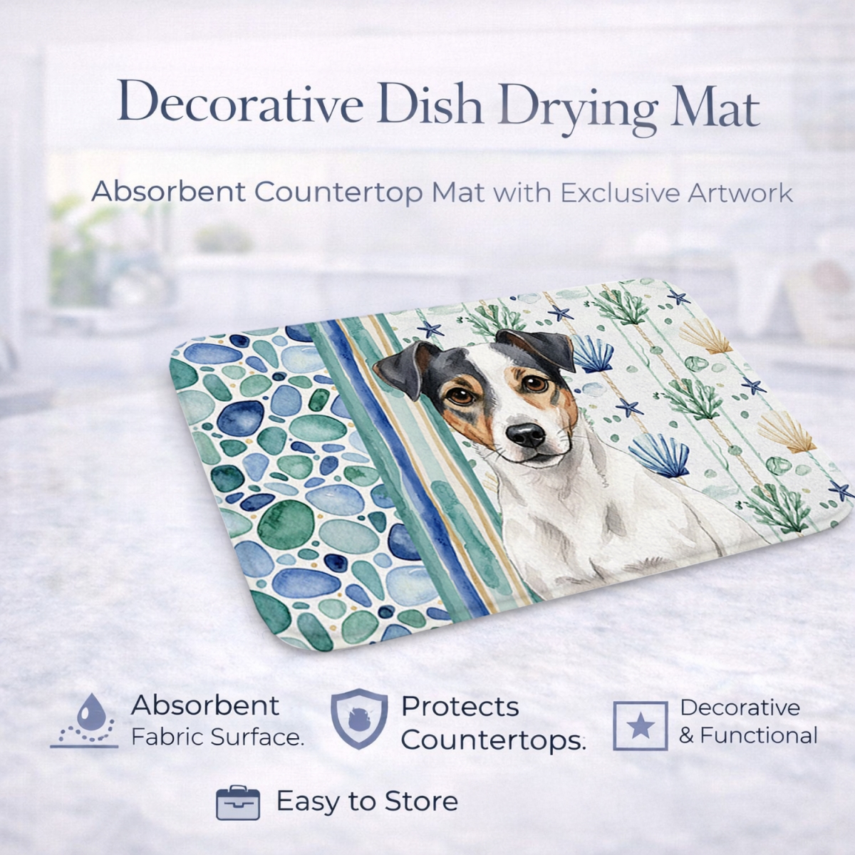 Picture of Carolines Treasures WDK7082DDM 21 x 14 in. White & Black Jack Russell Terrier Coastal Sea Glass Dish Drying Mat