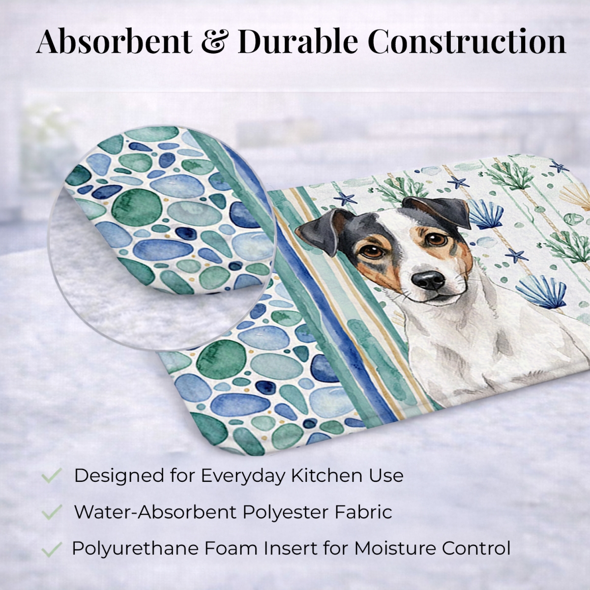 Picture of Carolines Treasures WDK7082DDM 21 x 14 in. White & Black Jack Russell Terrier Coastal Sea Glass Dish Drying Mat
