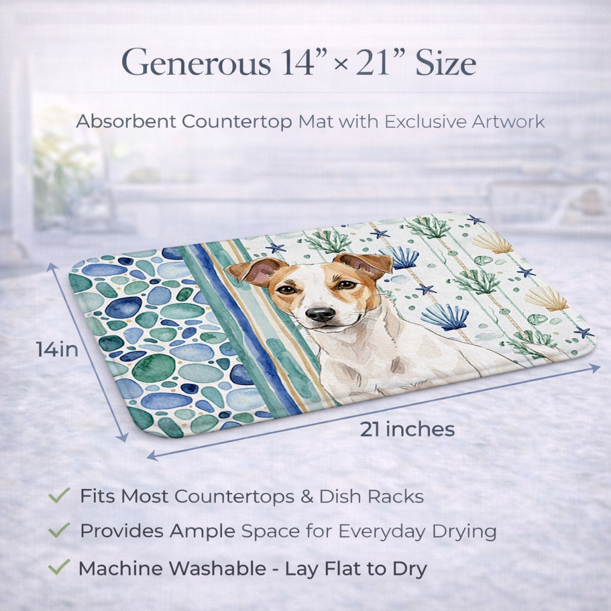 Picture of Carolines Treasures WDK7083DDM 21 x 14 in. White & Tan Jack Russell Terrier Coastal Sea Glass Dish Drying Mat
