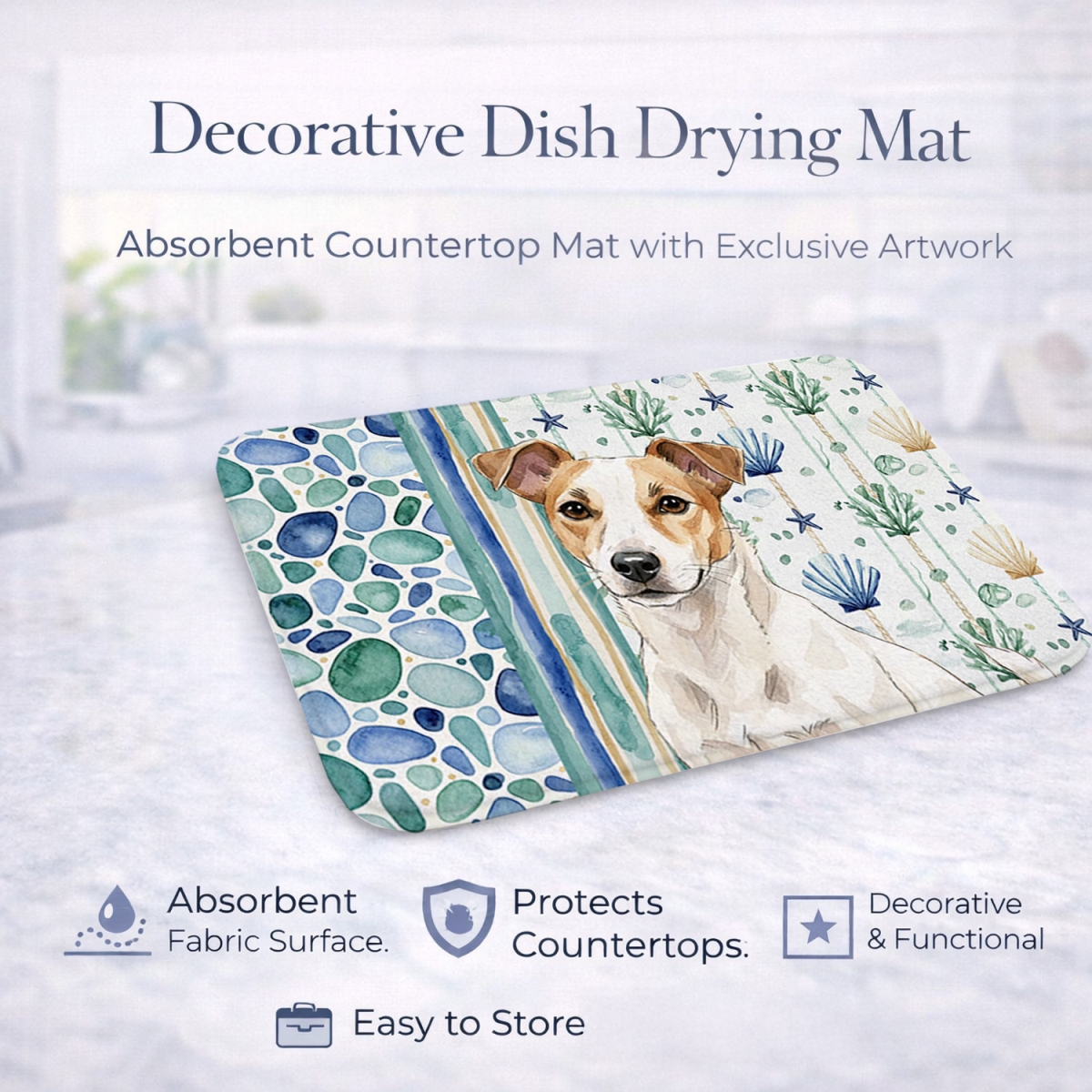 Picture of Carolines Treasures WDK7083DDM 21 x 14 in. White & Tan Jack Russell Terrier Coastal Sea Glass Dish Drying Mat