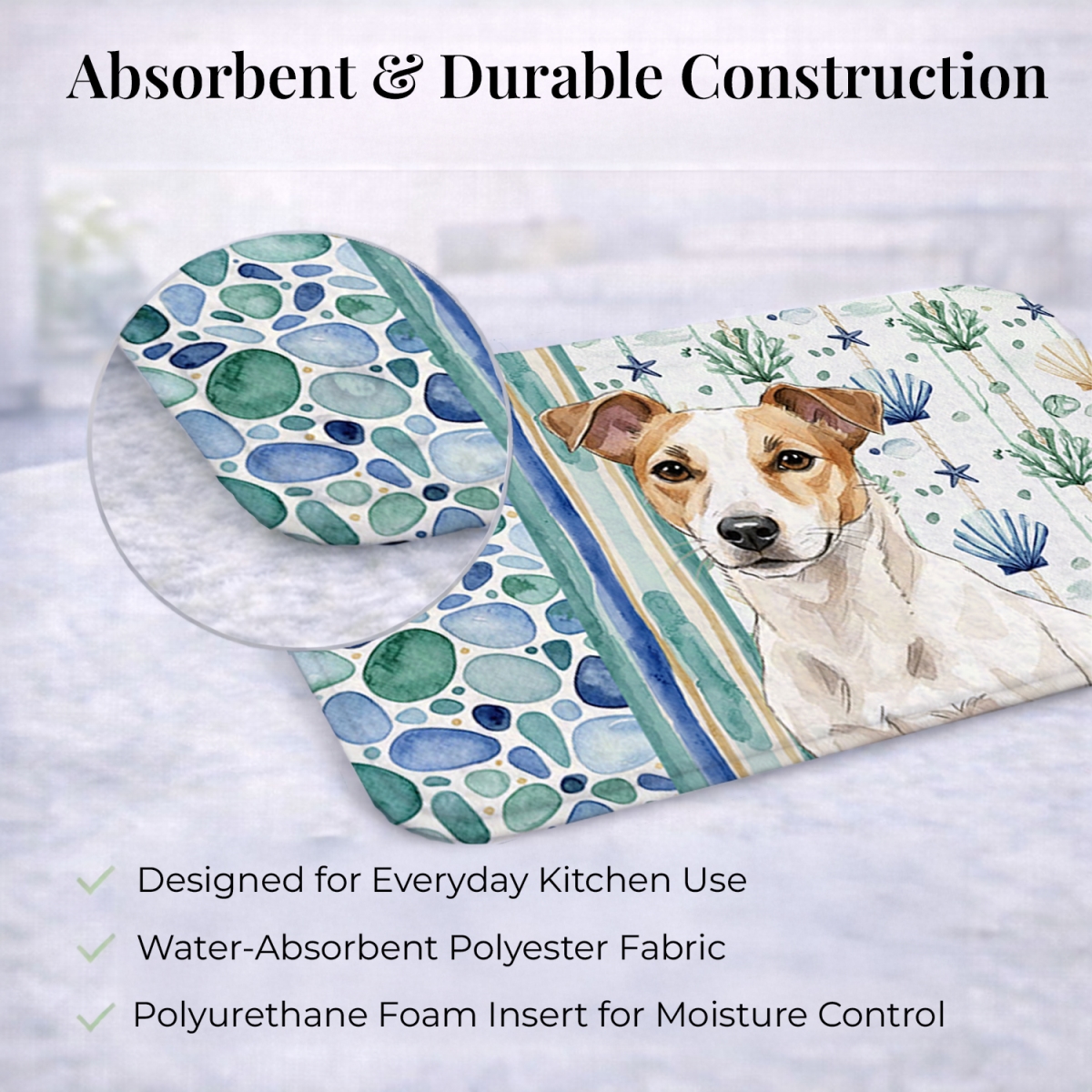 Picture of Carolines Treasures WDK7083DDM 21 x 14 in. White & Tan Jack Russell Terrier Coastal Sea Glass Dish Drying Mat