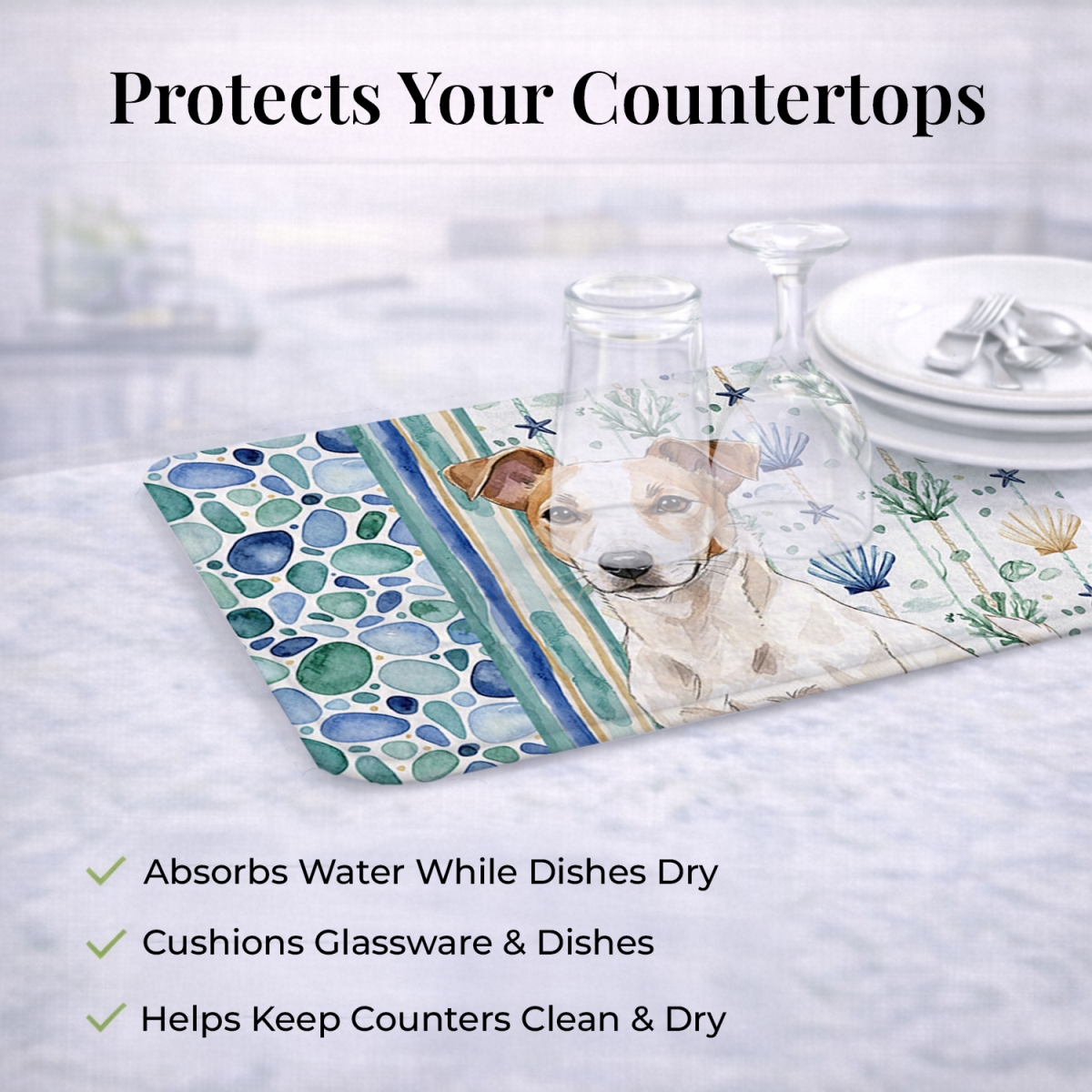 Picture of Carolines Treasures WDK7083DDM 21 x 14 in. White & Tan Jack Russell Terrier Coastal Sea Glass Dish Drying Mat