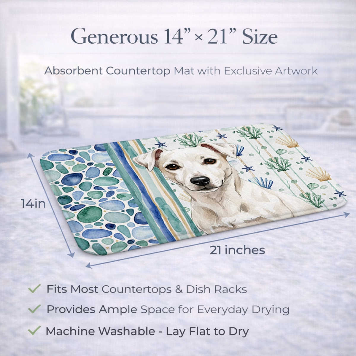 Picture of Carolines Treasures WDK7084DDM 21 x 14 in. White Jack Russell Terrier Coastal Sea Glass Dish Drying Mat