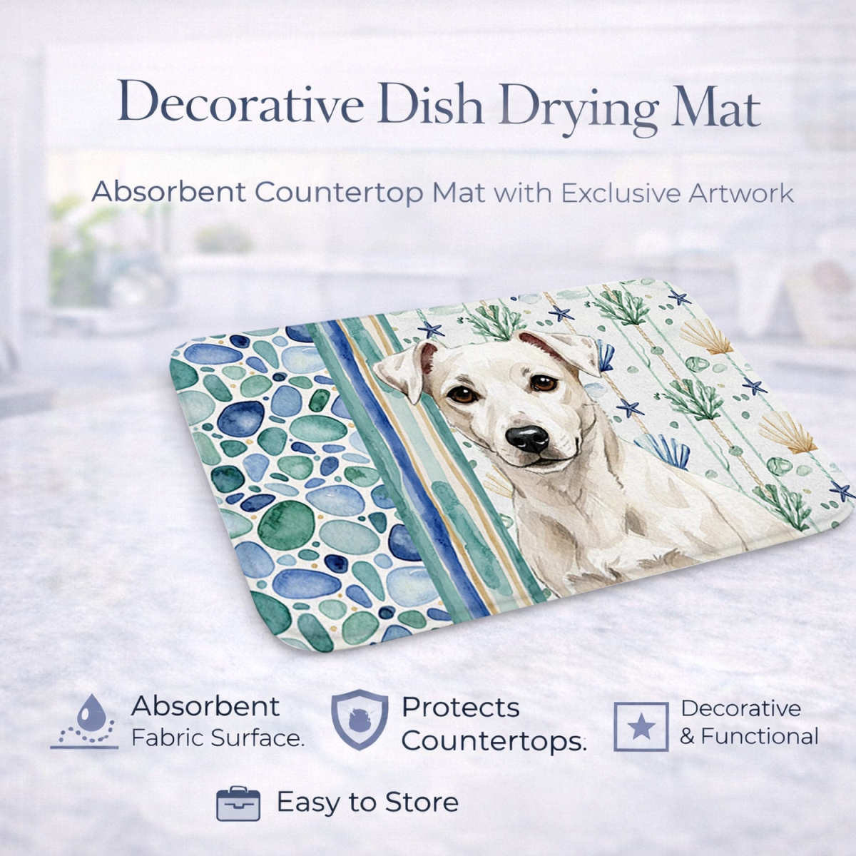 Picture of Carolines Treasures WDK7084DDM 21 x 14 in. White Jack Russell Terrier Coastal Sea Glass Dish Drying Mat
