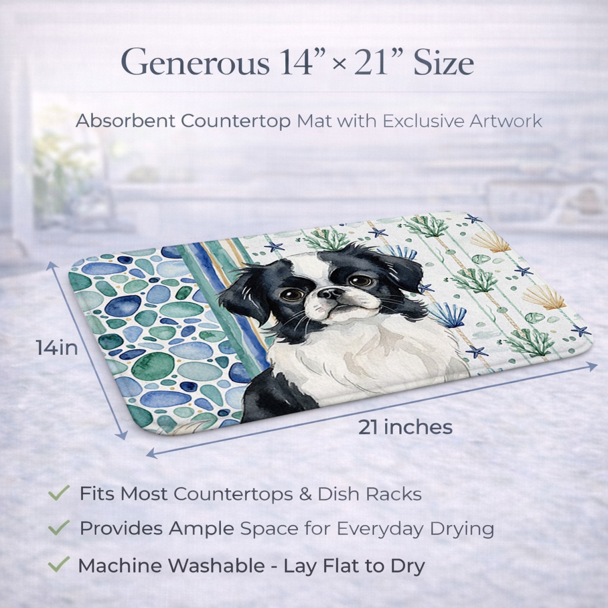 Picture of Carolines Treasures WDK7085DDM 21 x 14 in. Black & White Japanese Chin Coastal Sea Glass Dish Drying Mat