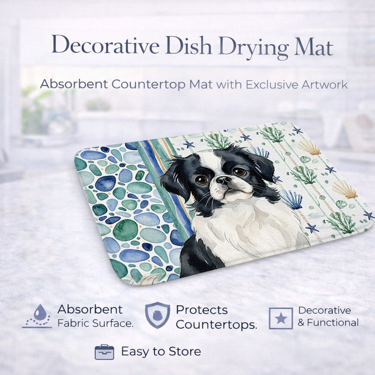 Picture of Carolines Treasures WDK7085DDM 21 x 14 in. Black & White Japanese Chin Coastal Sea Glass Dish Drying Mat