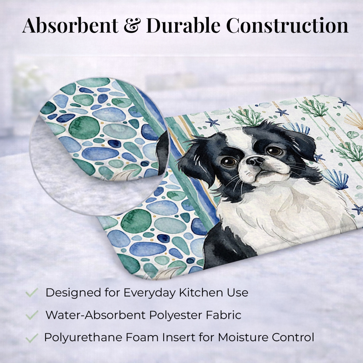 Picture of Carolines Treasures WDK7085DDM 21 x 14 in. Black & White Japanese Chin Coastal Sea Glass Dish Drying Mat