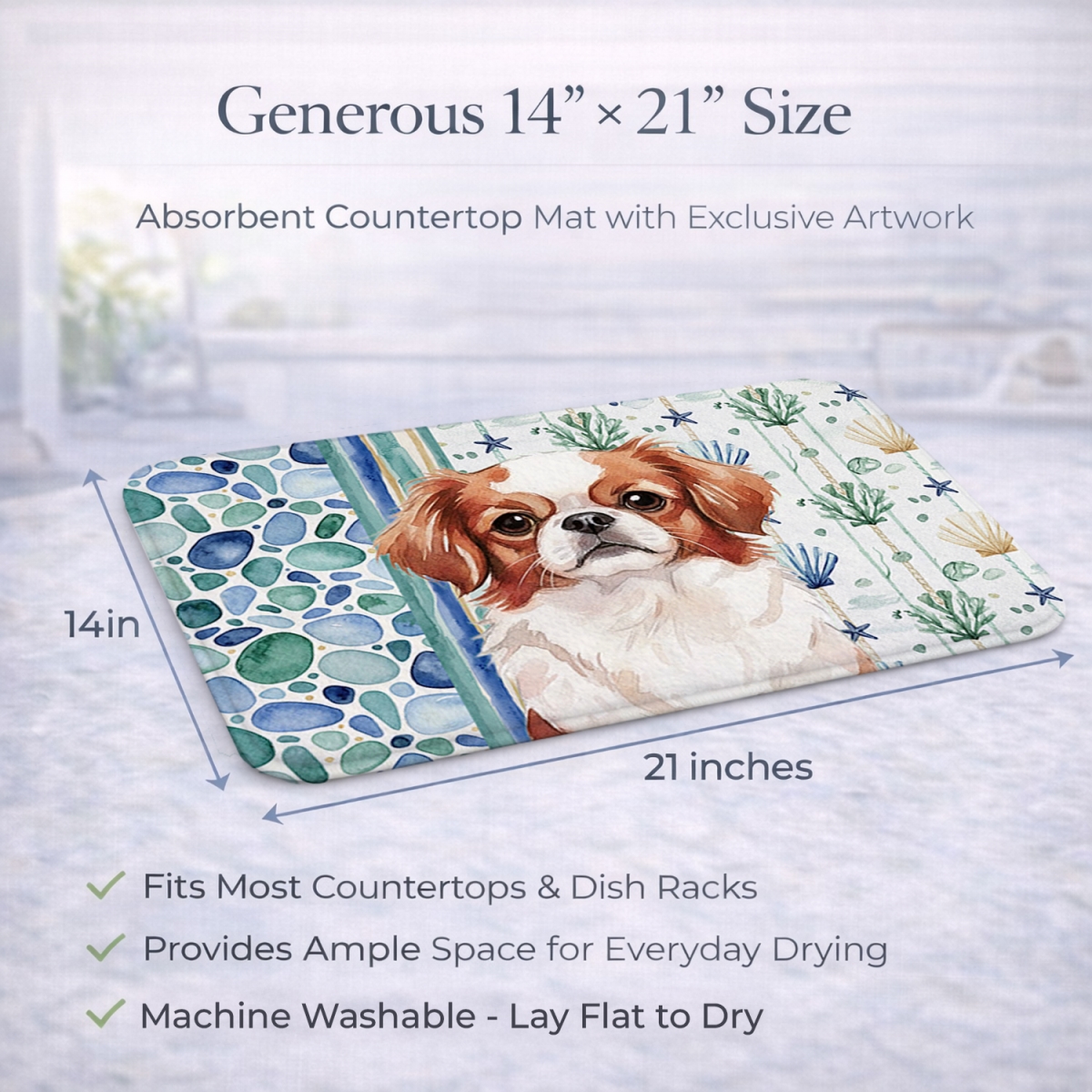Picture of Carolines Treasures WDK7086DDM 21 x 14 in. Red & White Japanese Chin Coastal Sea Glass Dish Drying Mat