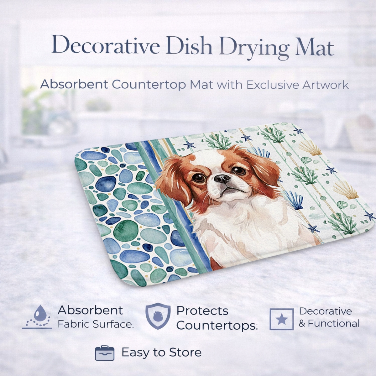 Picture of Carolines Treasures WDK7086DDM 21 x 14 in. Red & White Japanese Chin Coastal Sea Glass Dish Drying Mat