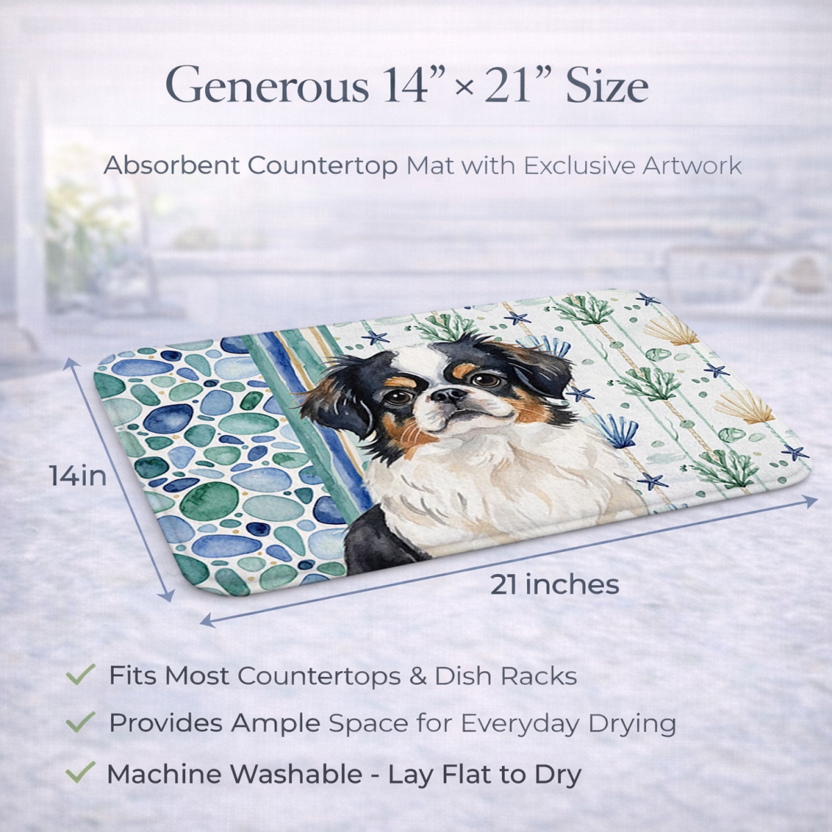 Picture of Carolines Treasures WDK7087DDM 21 x 14 in. Tricolor Japanese Chin Coastal Sea Glass Dish Drying Mat